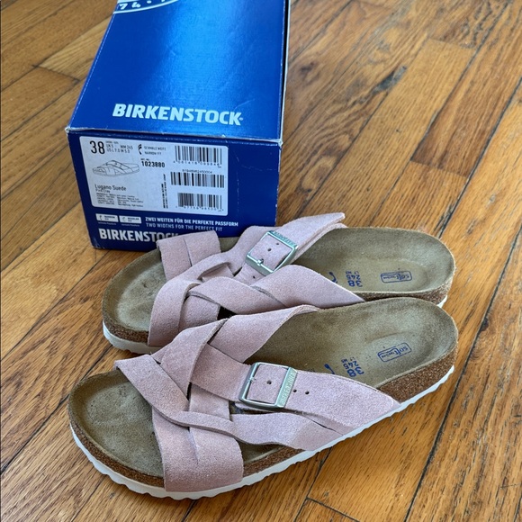 Birkenstock Shoes - Birkenstock Lugano pink clay suede Women's Blush Sandals 38